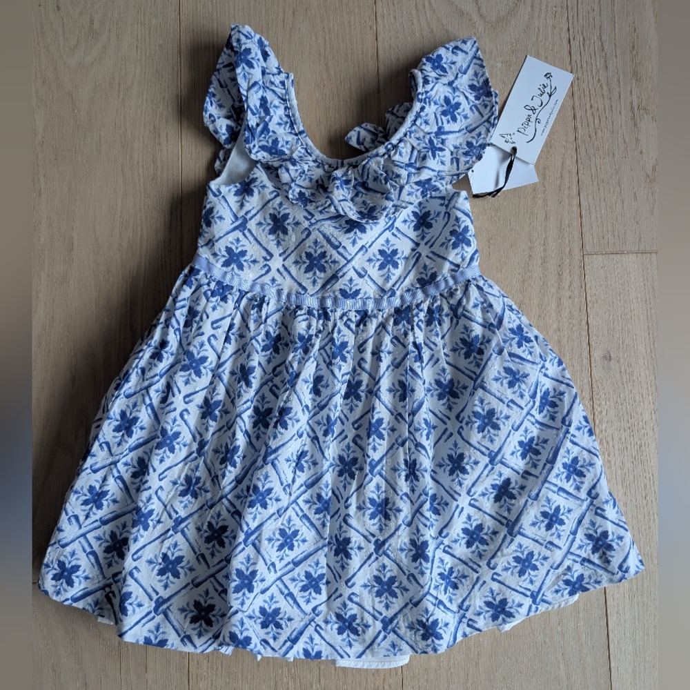 Little Girl Dress. Blue Floral Print Ruffle-Shoulder Kids Dress. Size 3t.